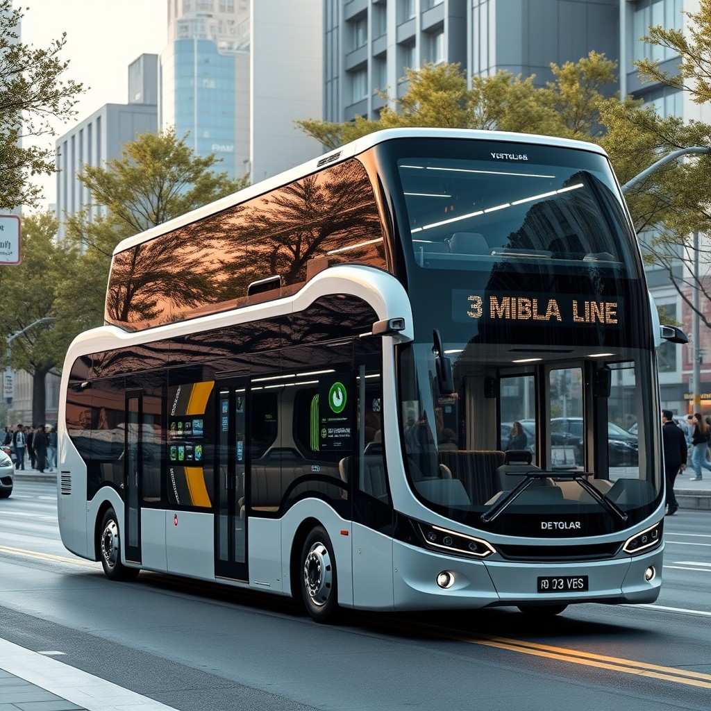 An innovative urban bus design that is over 12 meters long, featuring a sleek and modern exterior with smooth curves and large windows for panoramic views