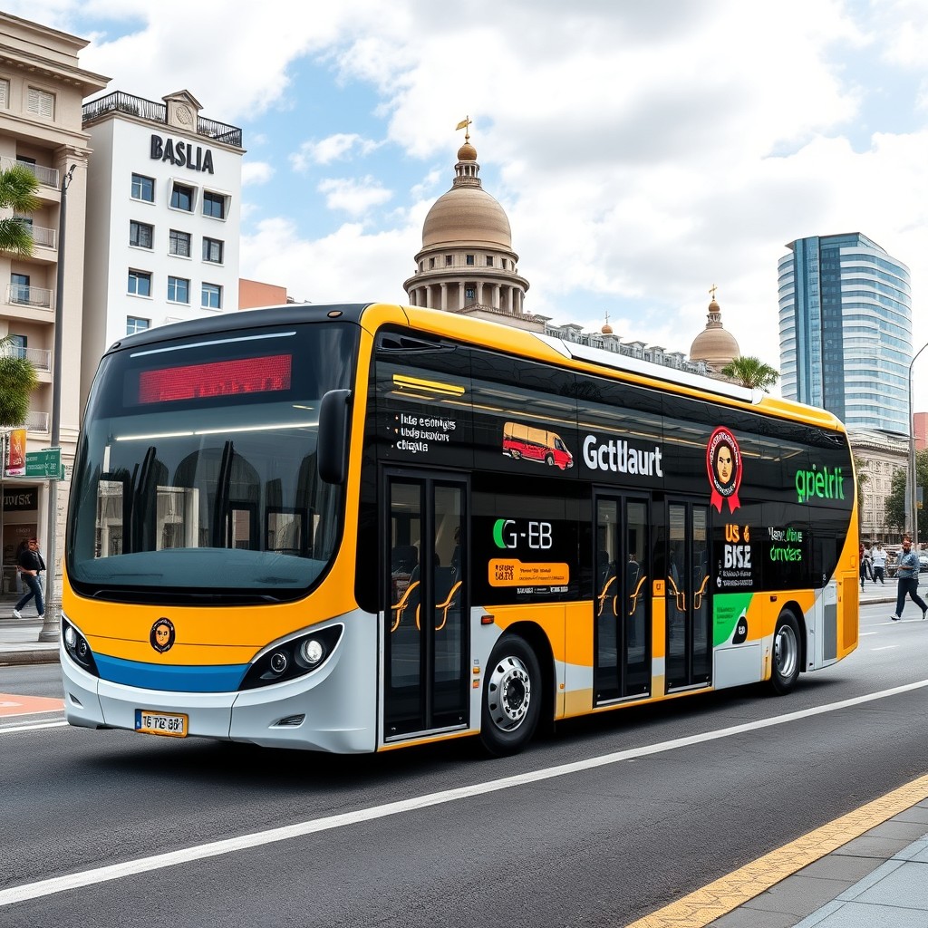 A commercial urban bus design suitable for Brazil, measuring over 12 meters in length, featuring a modern and innovative exterior with a dynamic shape, large windows, and a bright, eye-catching color scheme