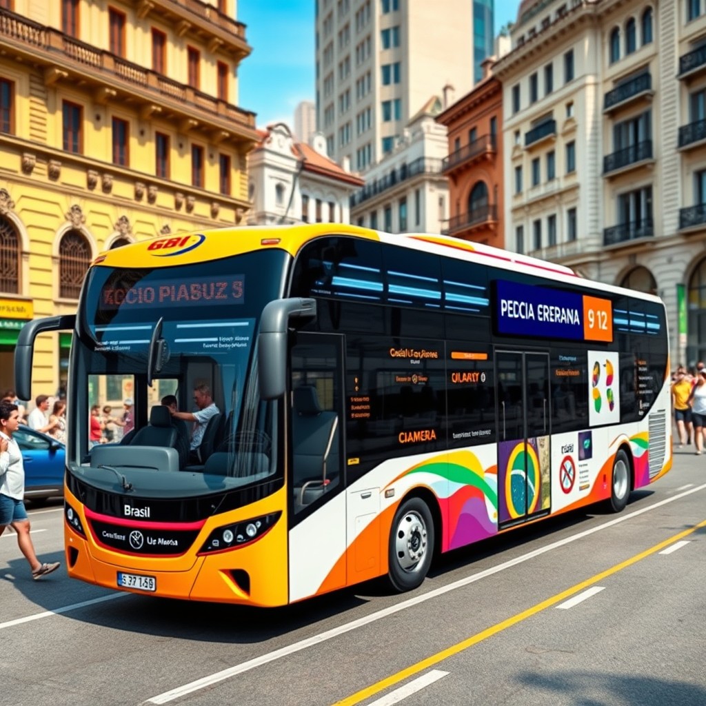 A commercial urban bus design tailored for Brazil, exceeding 12 meters in length, featuring a sleek, innovative exterior with aerodynamic lines, vibrant colors, and large, tinted windows