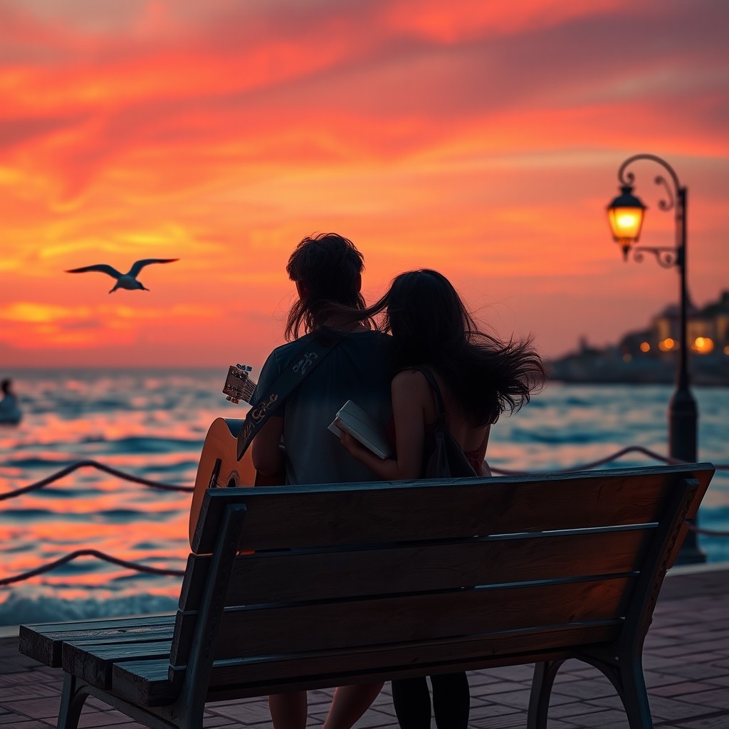 A beautiful sunset scene at a malecón, with vibrant red and orange skies reflecting on the tranquil sea