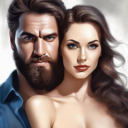 A captivating, realistic digital art piece capturing a woman's dangerous obsession with a handsome, bearded man