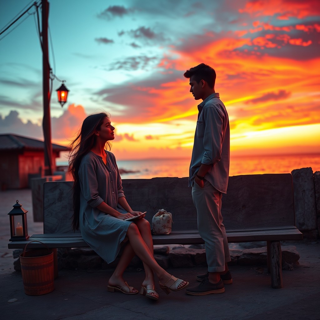 A simple village malecón at sunset, featuring vibrant red and orange skies reflecting on the calm sea