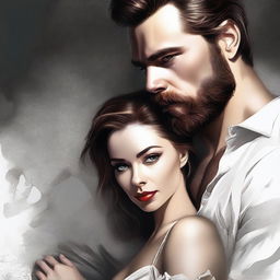 A captivating, realistic digital art piece capturing a woman's dangerous obsession with a handsome, bearded man