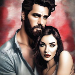 A captivating, realistic digital art piece capturing a woman's dangerous obsession with a handsome, bearded man