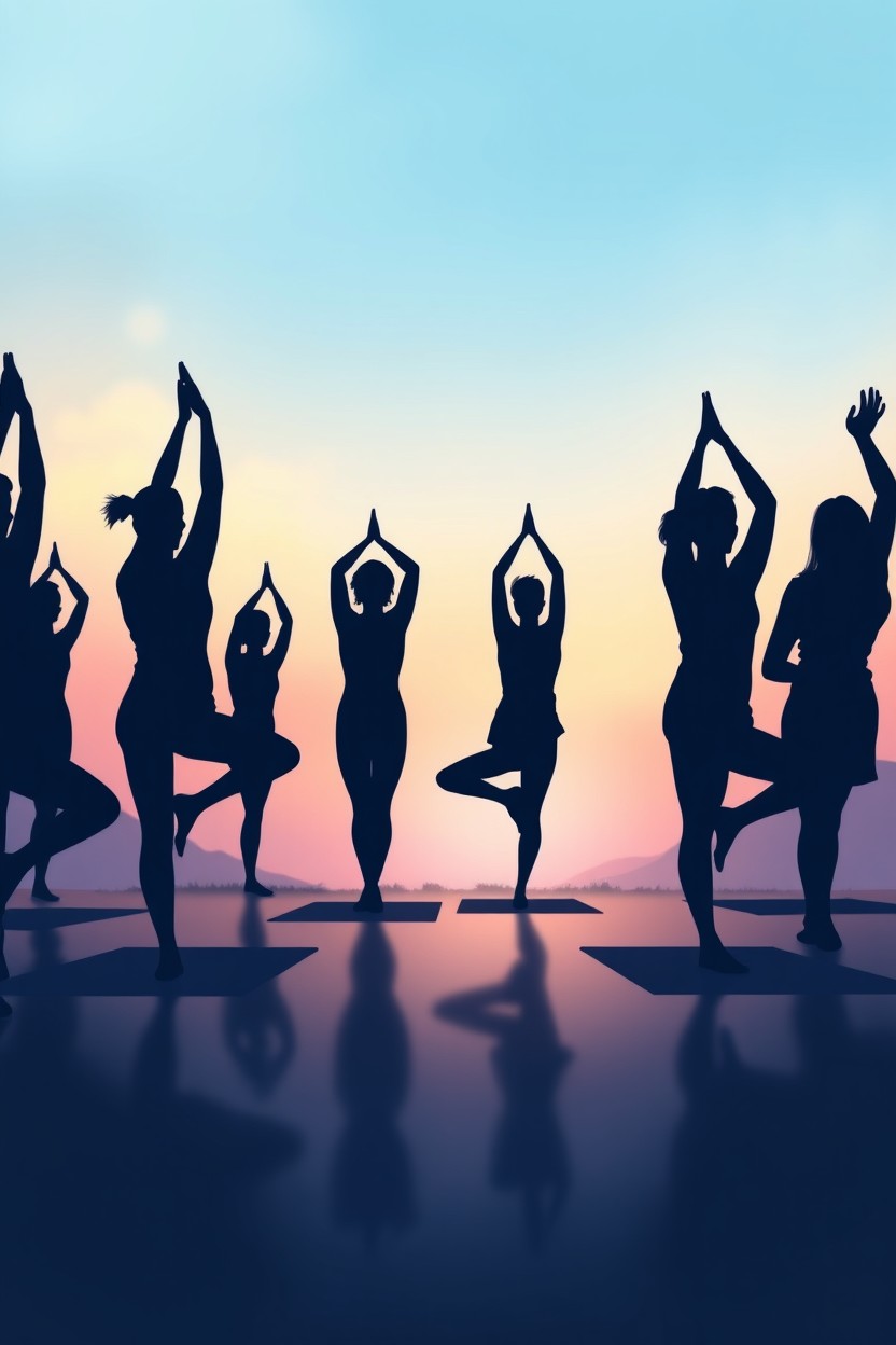 A beautiful digital painting depicting the graceful silhouettes of individuals practicing yoga in a serene environment