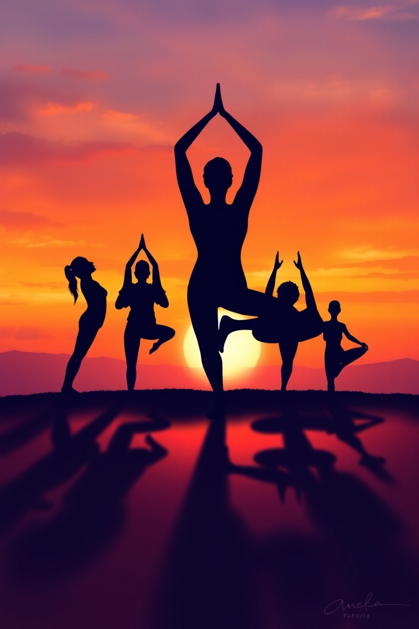 A stunning digital painting showcasing shadows cast by various yoga poses, beautifully representing the concepts of flexibility, balance, and mindfulness