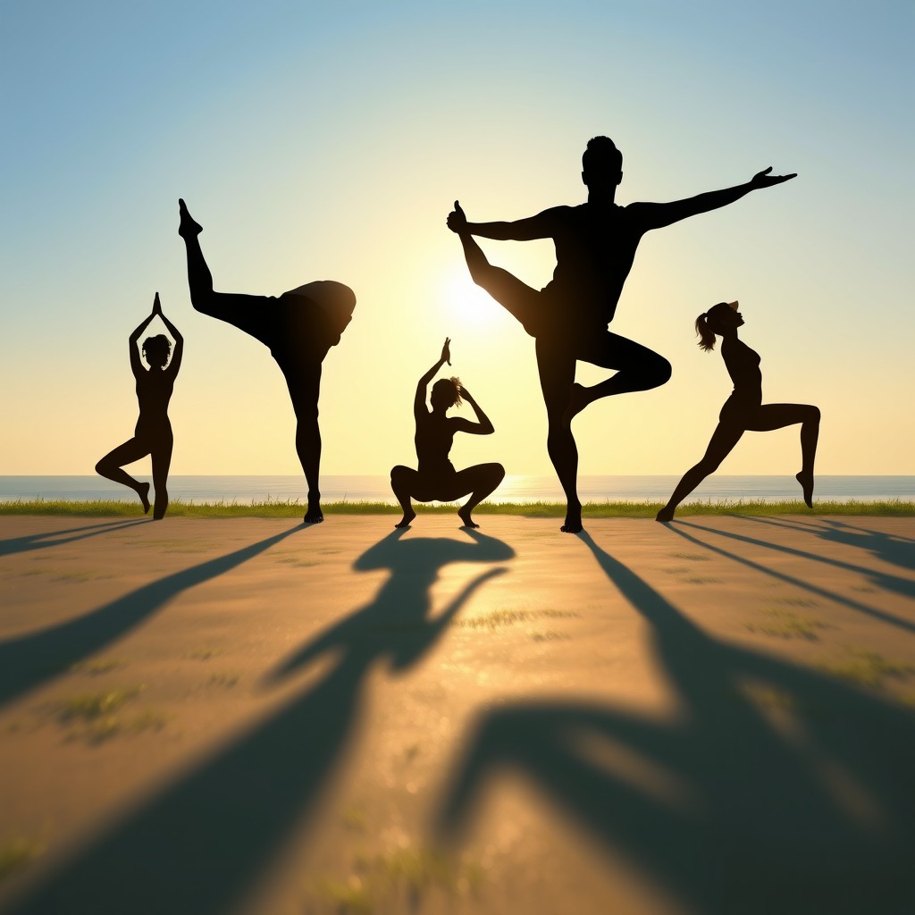 A beautiful digital painting depicting various shadow silhouettes engaged in yoga poses