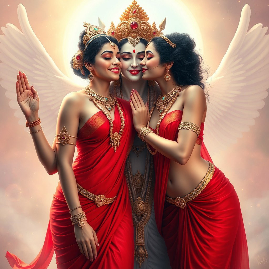 Two beautiful Hindu goddesses with radiant, glowing skin, adorned in exquisite red sarees that tastefully reveal their navels