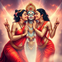 Two beautiful Hindu goddesses with radiant, glowing skin, adorned in exquisite red sarees that tastefully reveal their navels