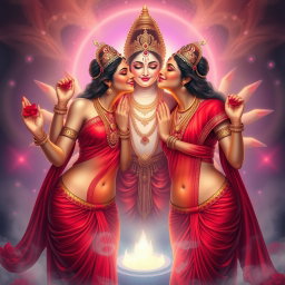 Two beautiful Hindu goddesses with radiant, glowing skin, adorned in exquisite red sarees that tastefully reveal their navels