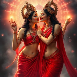 Two beautiful Hindu goddesses with radiant, glowing skin, adorned in exquisite red sarees that tastefully reveal their navels