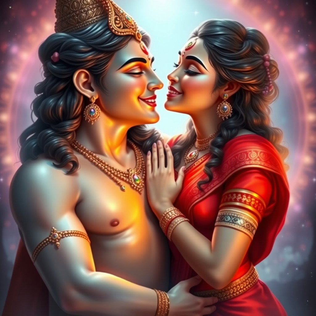 A beautiful Hindu goddess with radiant, glowing skin, elegantly draped in a red saree that tastefully reveals her charming navel