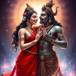 A beautiful Hindu goddess with radiant, glowing skin, elegantly draped in a red saree that tastefully reveals her charming navel