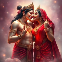A beautiful Hindu goddess with radiant, glowing skin, elegantly draped in a red saree that tastefully reveals her charming navel