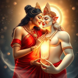 A beautiful Hindu goddess with radiant, glowing skin, elegantly draped in a red saree that tastefully reveals her charming navel