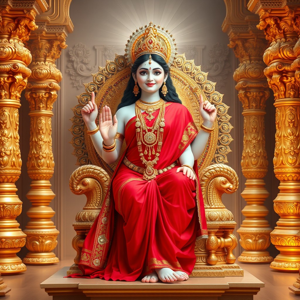 A beautiful Hindu Devi goddess, radiating divine energy with milk-glow skin, adorned with intricate traditional jewellery around her neck and shimmering payal (anklets) on her feet
