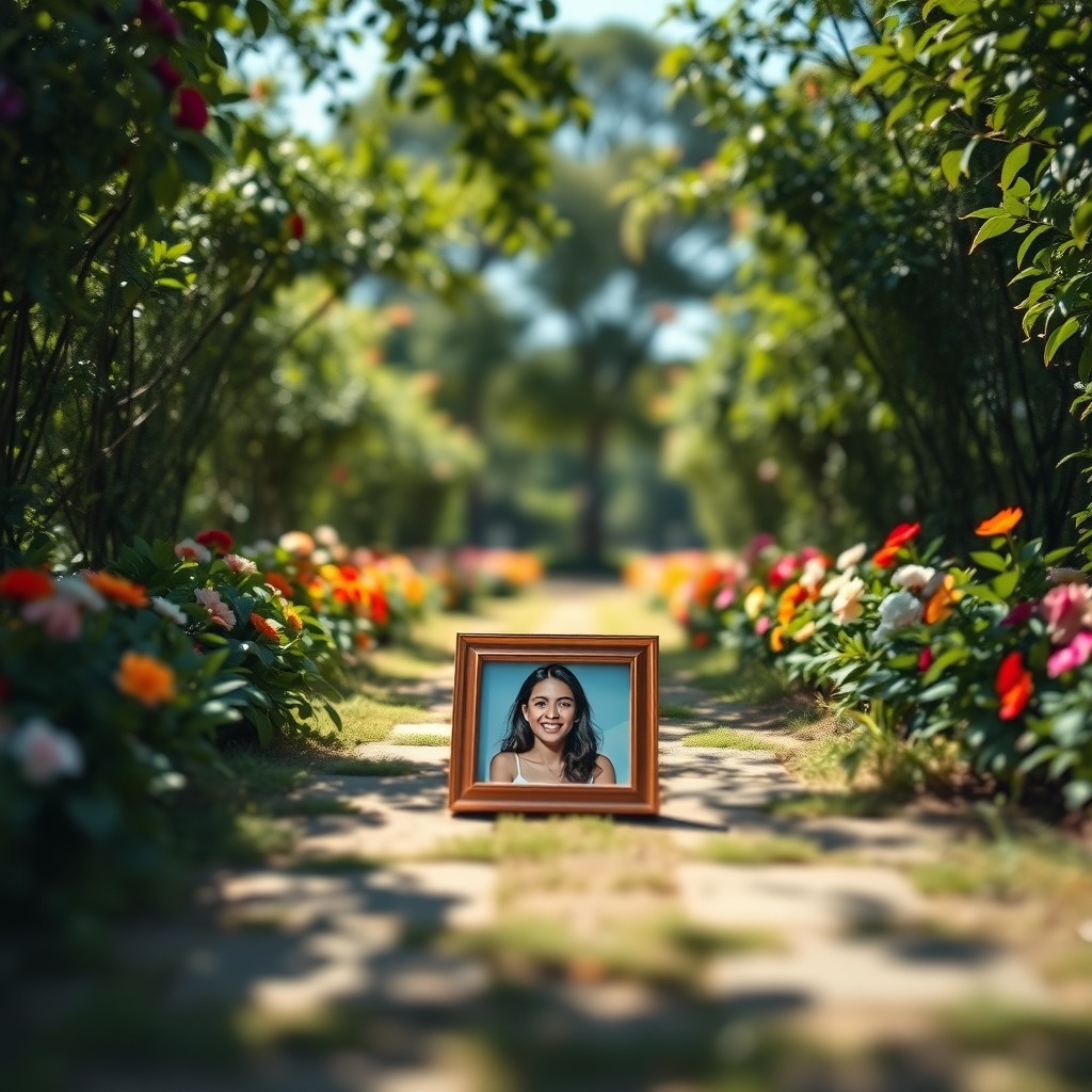 A scenic pathway surrounded by lush greenery and colorful flowers, with sunlight filtering through the leaves, creating a serene and peaceful atmosphere