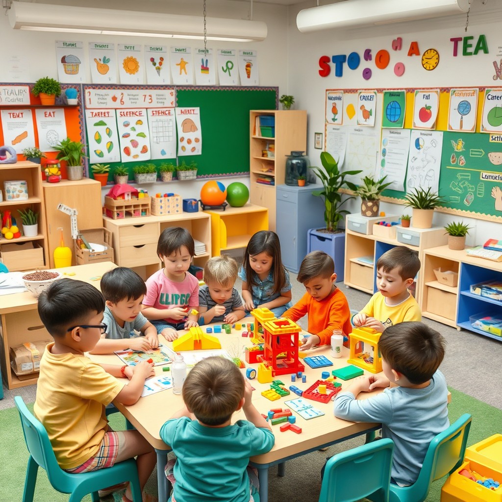 A colorful and engaging classroom scene in a kindergarten setting where young children are learning through STEAM (Science, Technology, Engineering, Arts, Mathematics)