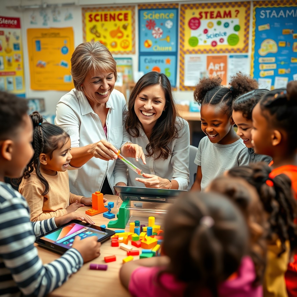 A dynamic and inspiring image of a teacher actively engaging with young students in a classroom setting, utilizing STEAM technologies
