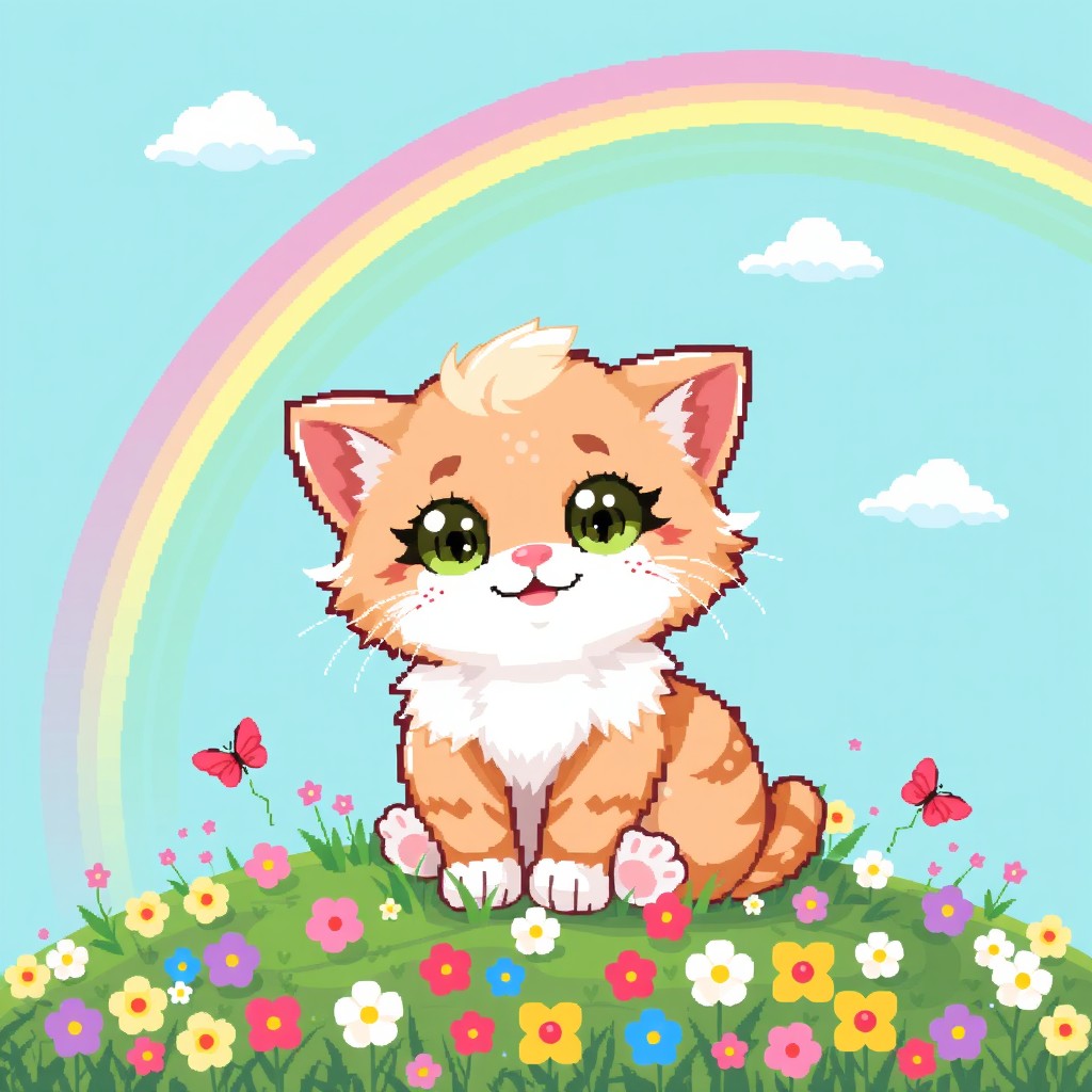 A cute and adorable pixel art cat, with big sparkling eyes, fluffy fur, and a playful expression