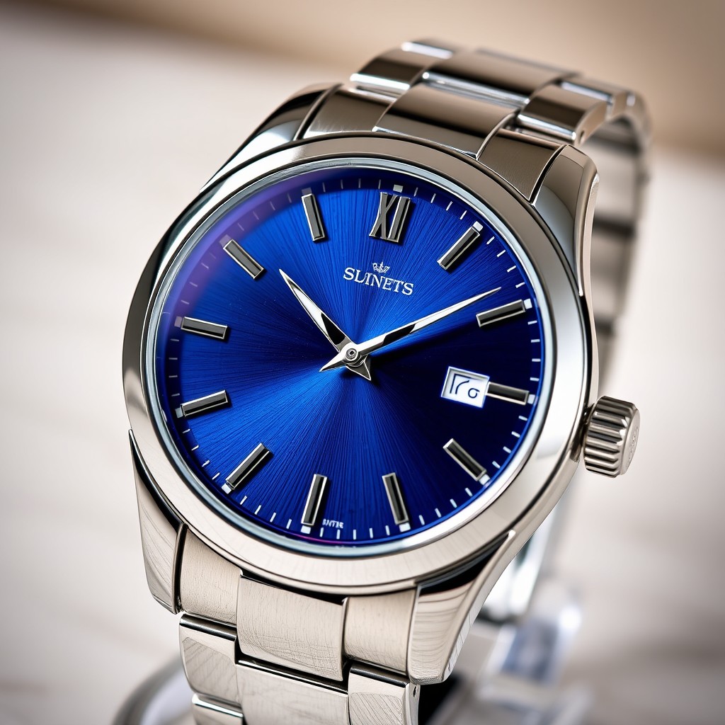 A stunning, intricately designed wristwatch featuring a sleek silver stainless steel band, a round face with a rich blue dial, luminous hands, and delicate hour markers