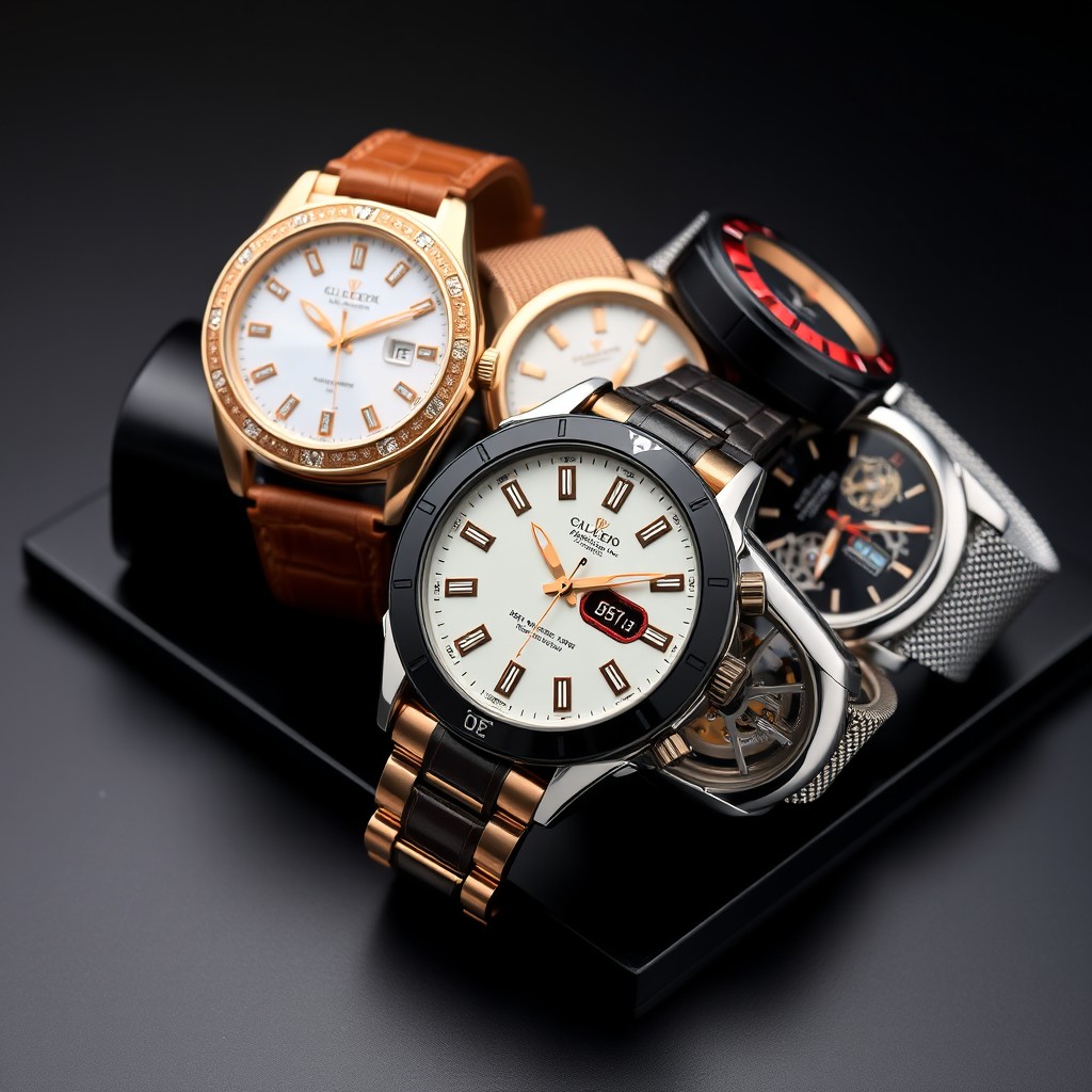 A collection of several elegant and distinguished wristwatches, each with unique and dazzling details