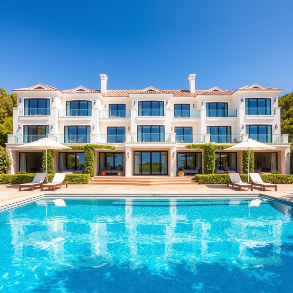 A long luxurious villa with multiple stories, featuring large glass windows and elegant architecture