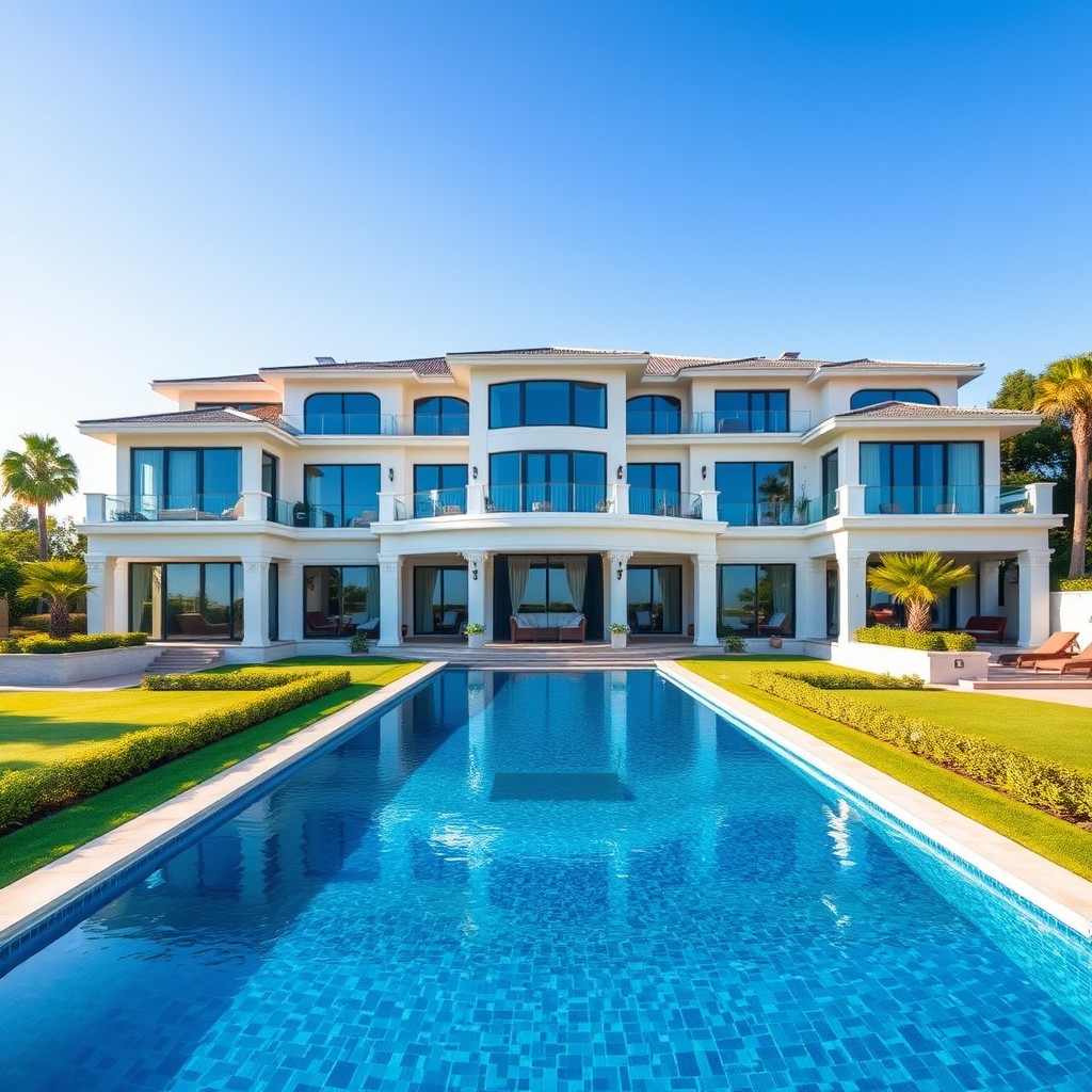 A large, elongated multi-story villa featuring a stunning swimming pool on the sides