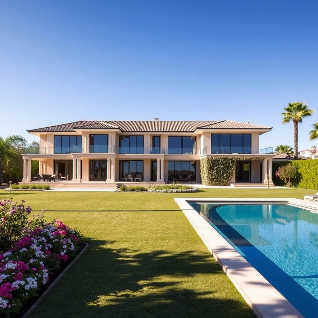 A spacious, elongated two-story villa with an elegant architecture style, featuring large windows and a stylish front porch