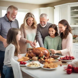 Modify the image to include an extra parent, so it's now two loving parents and three teenage daughters preparing a rich holiday feast in a decorated kitchen and exchanging wrapped presents together