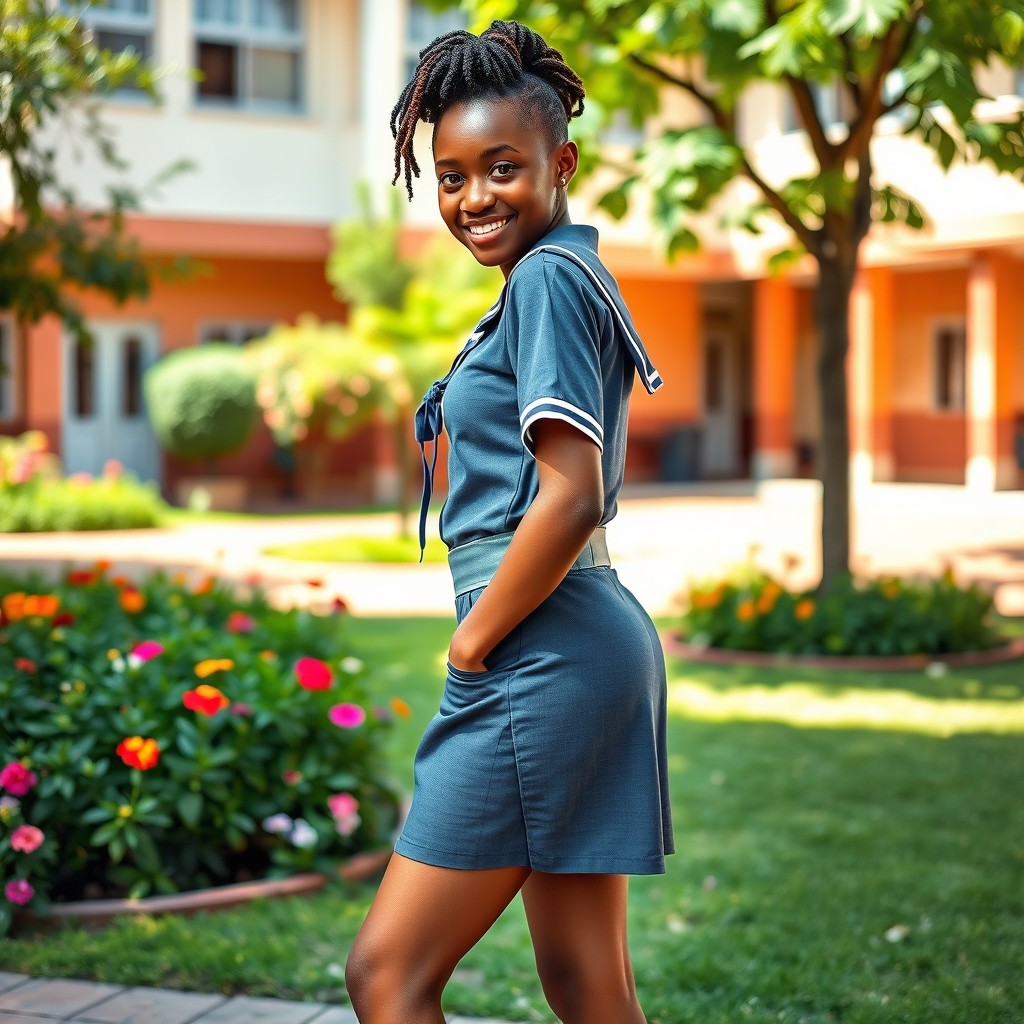 A slender African girl in a school uniform, exuding confidence and style