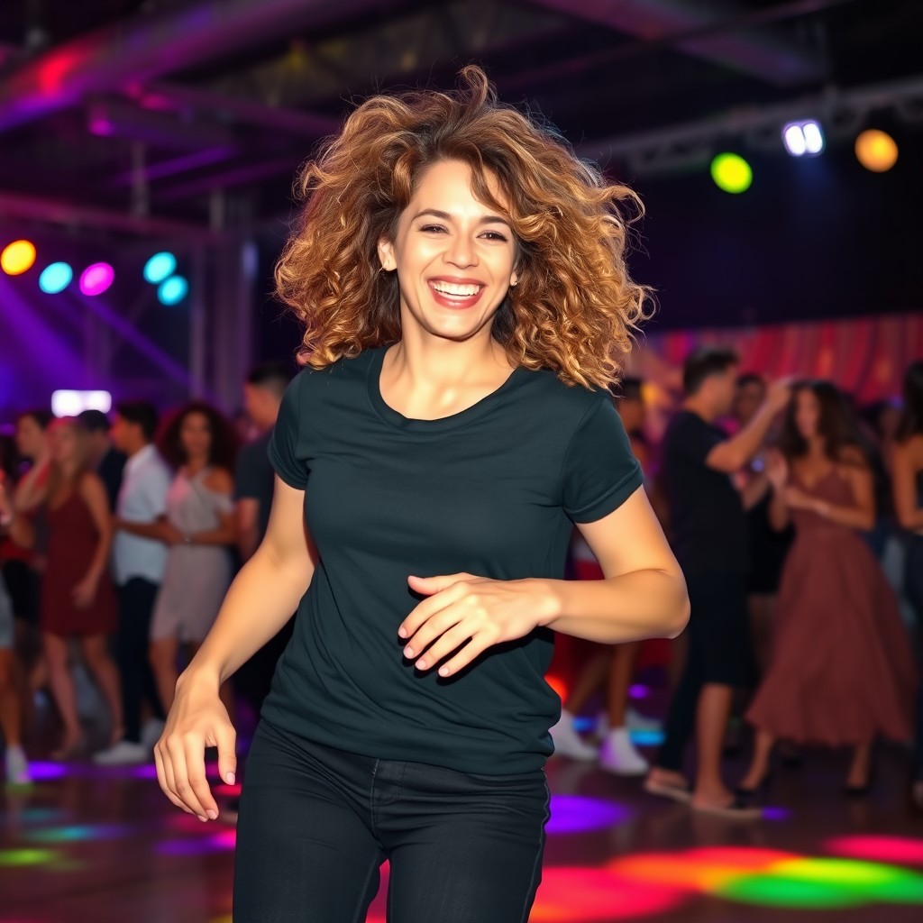 A young woman with light brown, curly, and voluminous hair, around 30 years old, wearing a black t-shirt and black pants, joyfully dancing on a vibrant dance floor