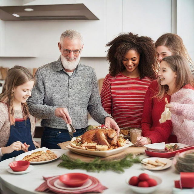 Modify the image to include an extra parent, so it's now two loving parents and three teenage daughters preparing a rich holiday feast in a decorated kitchen and exchanging wrapped presents together