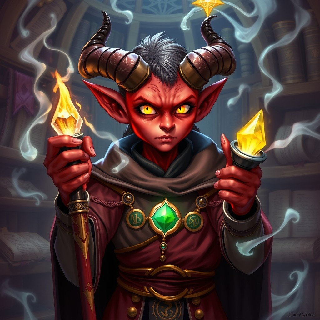 A level 3 Tiefling mage character, showcasing their magical abilities in the midst of casting a spell