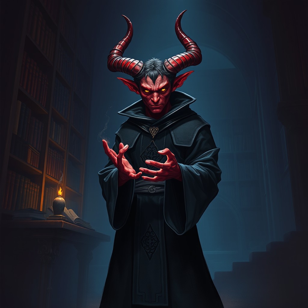 A realistic depiction of a level 3 tiefling mage standing in a dark, moody setting