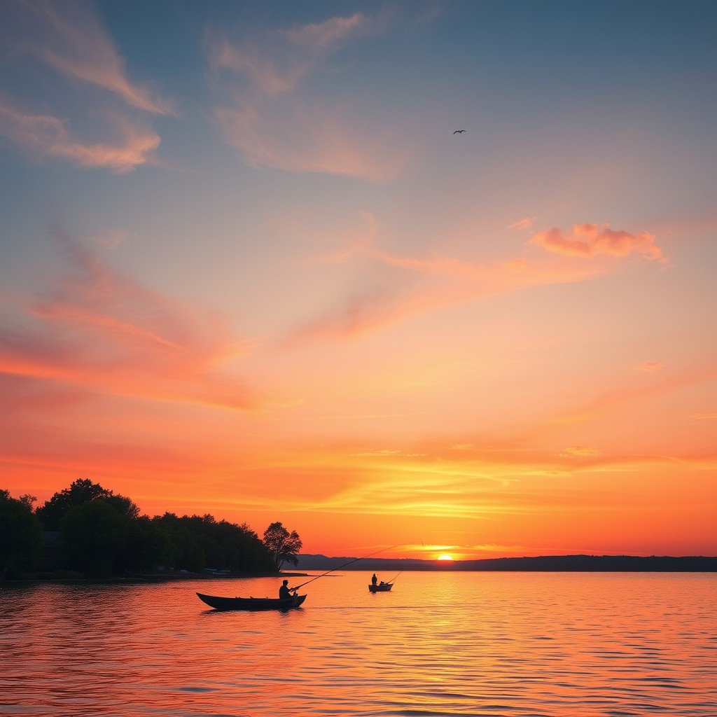 A tranquil sunset over a serene lake, with vibrant orange and pink hues reflecting off the water
