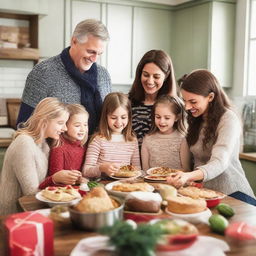 Modify the image to include an extra parent, so it's now two loving parents and three teenage daughters preparing a rich holiday feast in a decorated kitchen and exchanging wrapped presents together