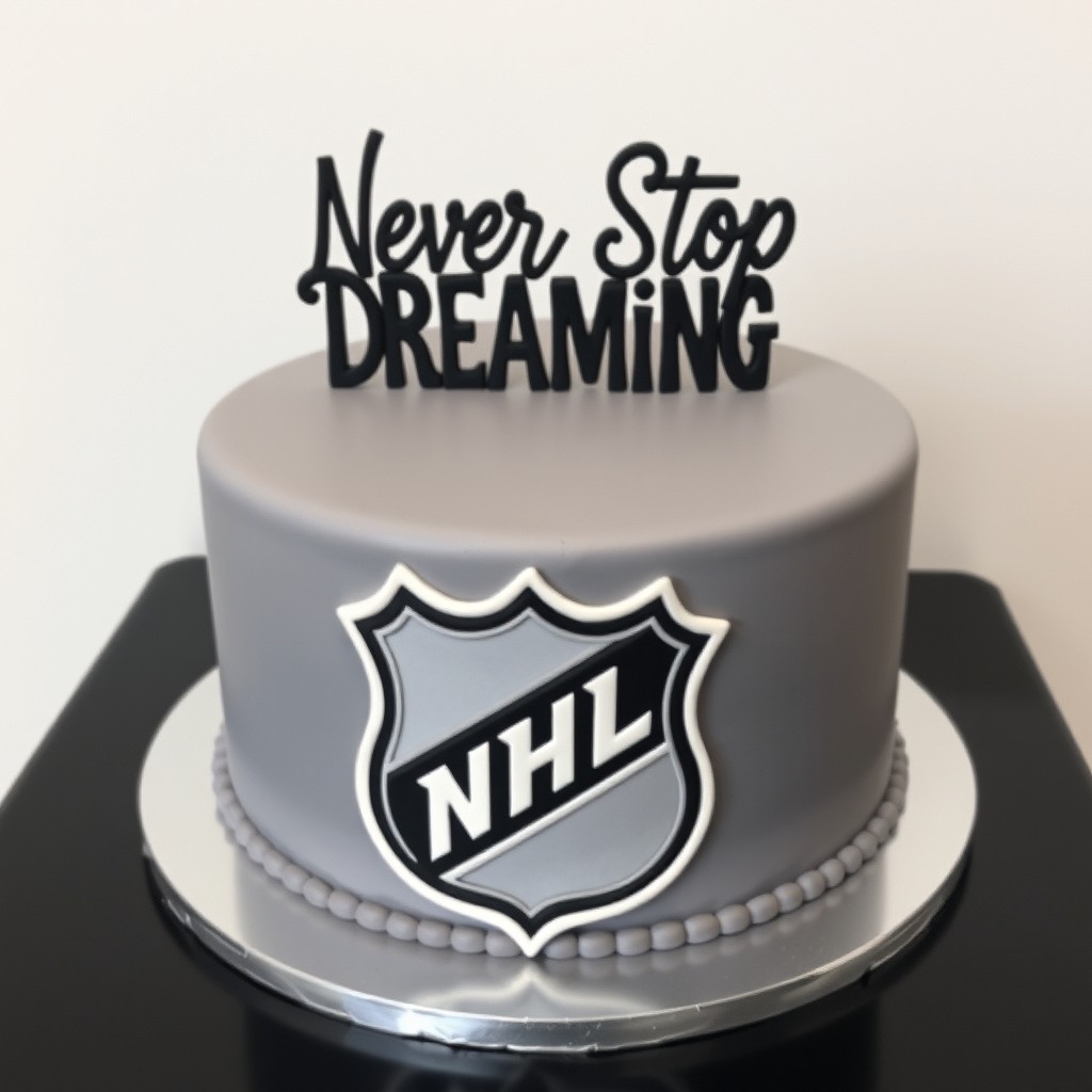 A modern cake designed in a sleek gray color, featuring the phrase 'Never Stop Dreaming' elegantly written on top