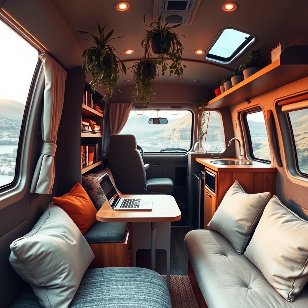 The interior of a cozy van featuring a comfortable seating area with soft cushions, a small wooden table with a laptop open on it, shelves filled with books, a compact kitchenette with a mini fridge and a small sink, plants hanging from the ceiling, warm ambient lighting, and a window with a view of a beautiful natural landscape outside