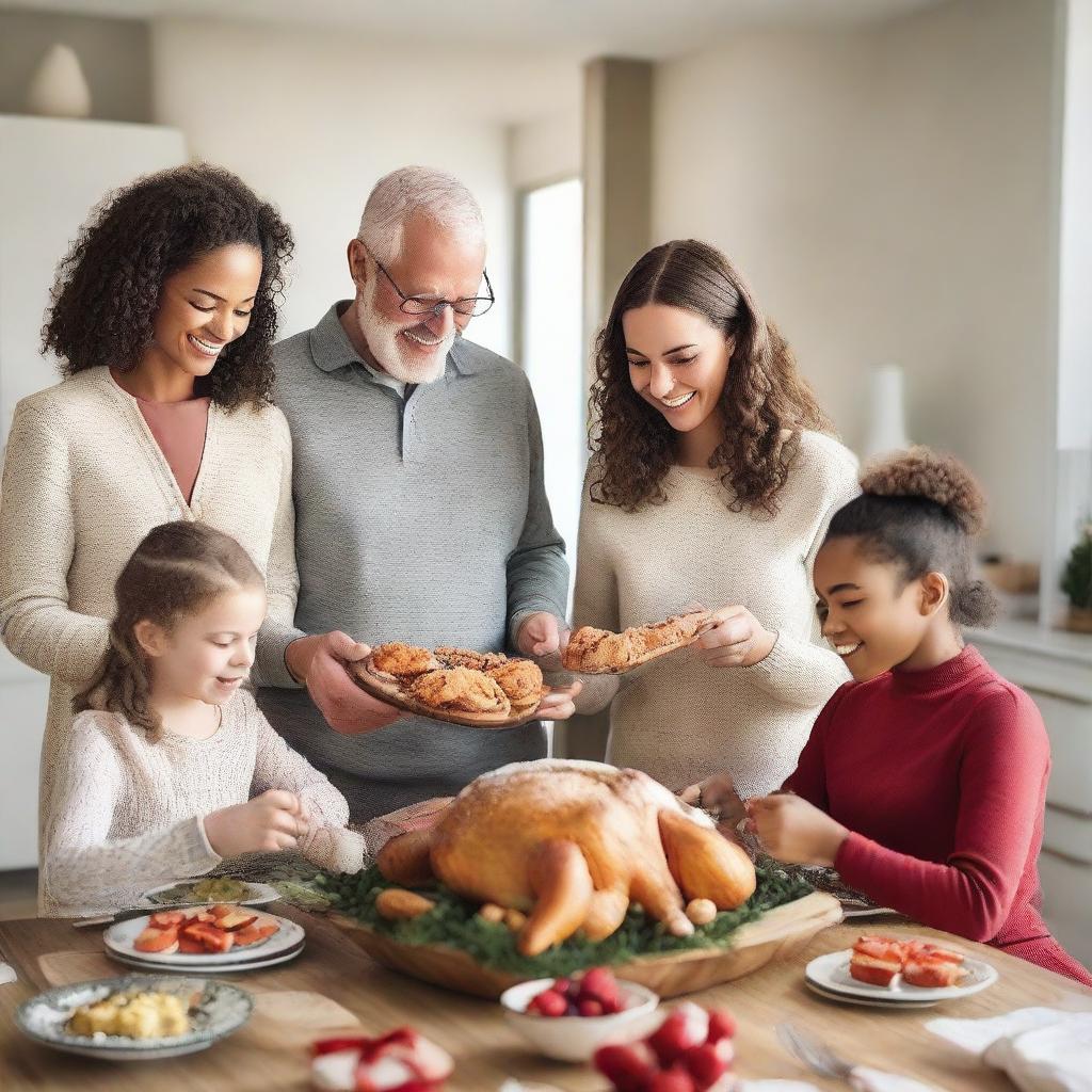 Modify the image to include an extra parent, so it's now two loving parents and three teenage daughters preparing a rich holiday feast in a decorated kitchen and exchanging wrapped presents together