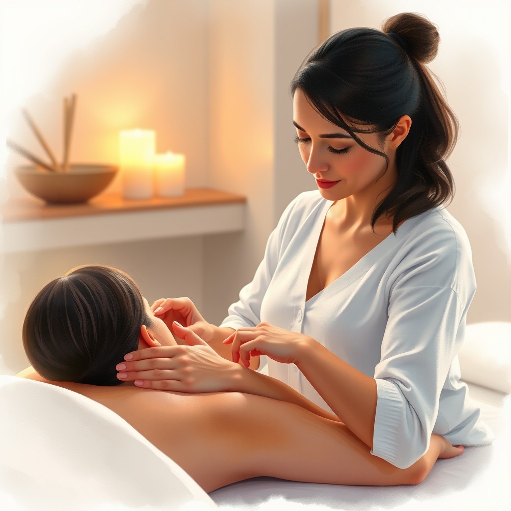 A woman giving a relaxing massage to another woman in a serene spa environment, soft ambient lighting illuminating the scene with warm tones