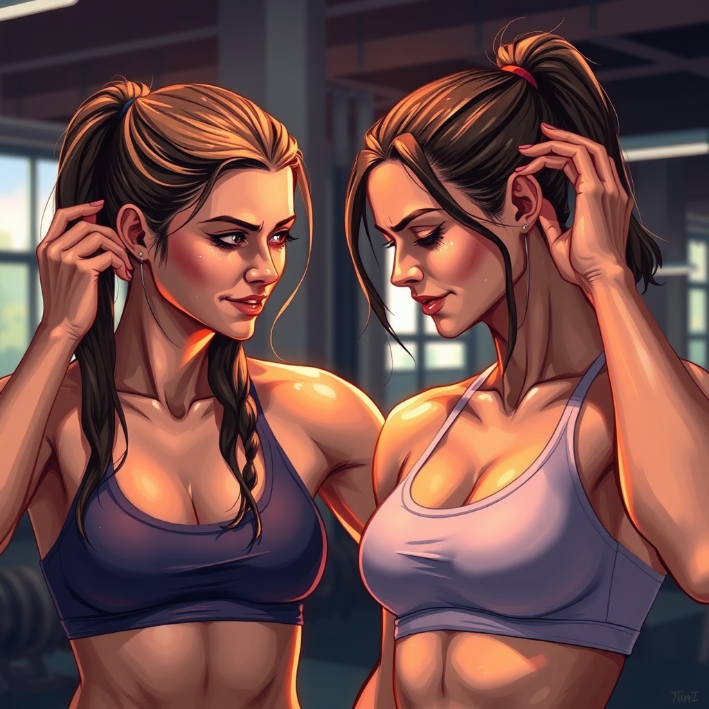 Two fit women in a gym after an intense workout, catching their breath and sharing a moment of camaraderie