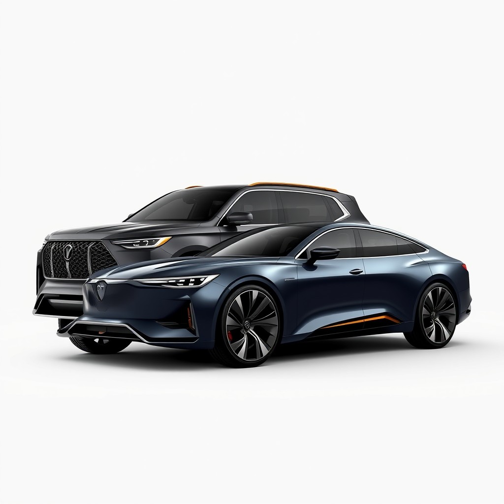 A luxurious concept vehicle design featuring an elegant SUV and a refined sedan, both crafted to look expensive and sophisticated without being overly ostentatious