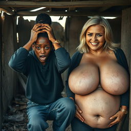 Inside an abandoned, dilapidated shack, a 19-year-old malnourished African woman with deeply rich black skin is depicted in a state of despair, holding her head with her hands, her wide eyes full of panic and desperation