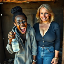 In an abandoned poor shack, a 19-year-old malnourished African woman with very dark skin holds a baby bottle