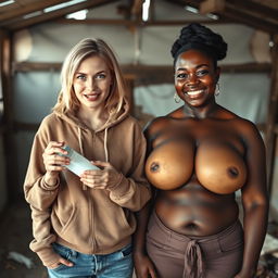 In an abandoned poor shack, a 22-year-old malnourished blonde woman with blue eyes holds a baby bottle, her eyes wide open with a manic smile