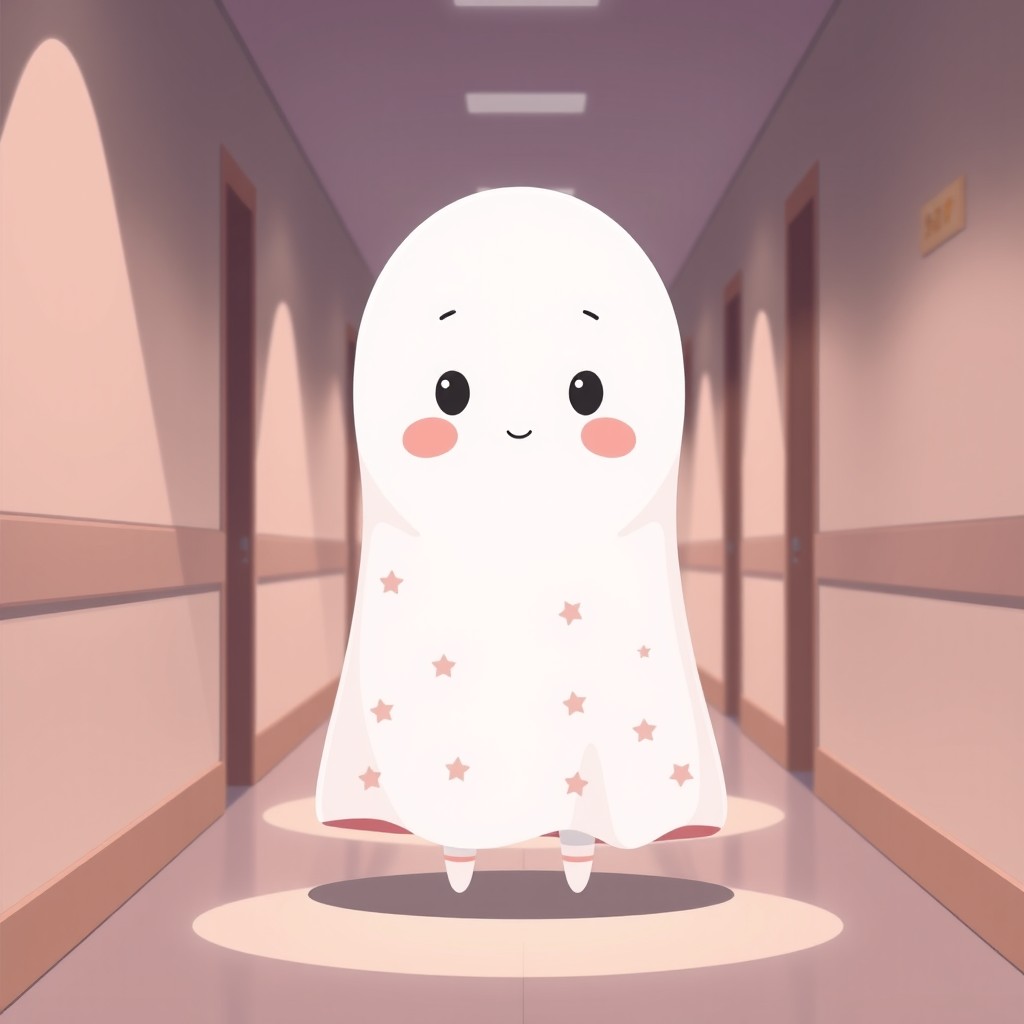 A cute ghost girl with a soft round face, tiny dot eyes, and a small mouth, wearing a pastel cloak adorned with star patterns