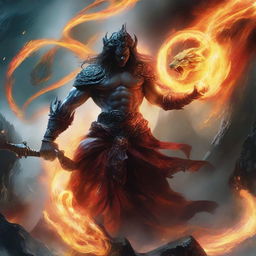 An intense depiction of an epic battle among elemental forces. The earth figure relentlessly pummels, fire dances with unforgiving agility, water protects and retaliates with grace, and air skillfully diverts and attacks, in a harmonious, visually striking chaos.