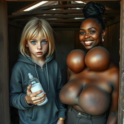 In an abandoned poor shack, a 22-year-old malnourished blonde woman with blue eyes holds a baby bottle, her eyes wide open in a manic stare