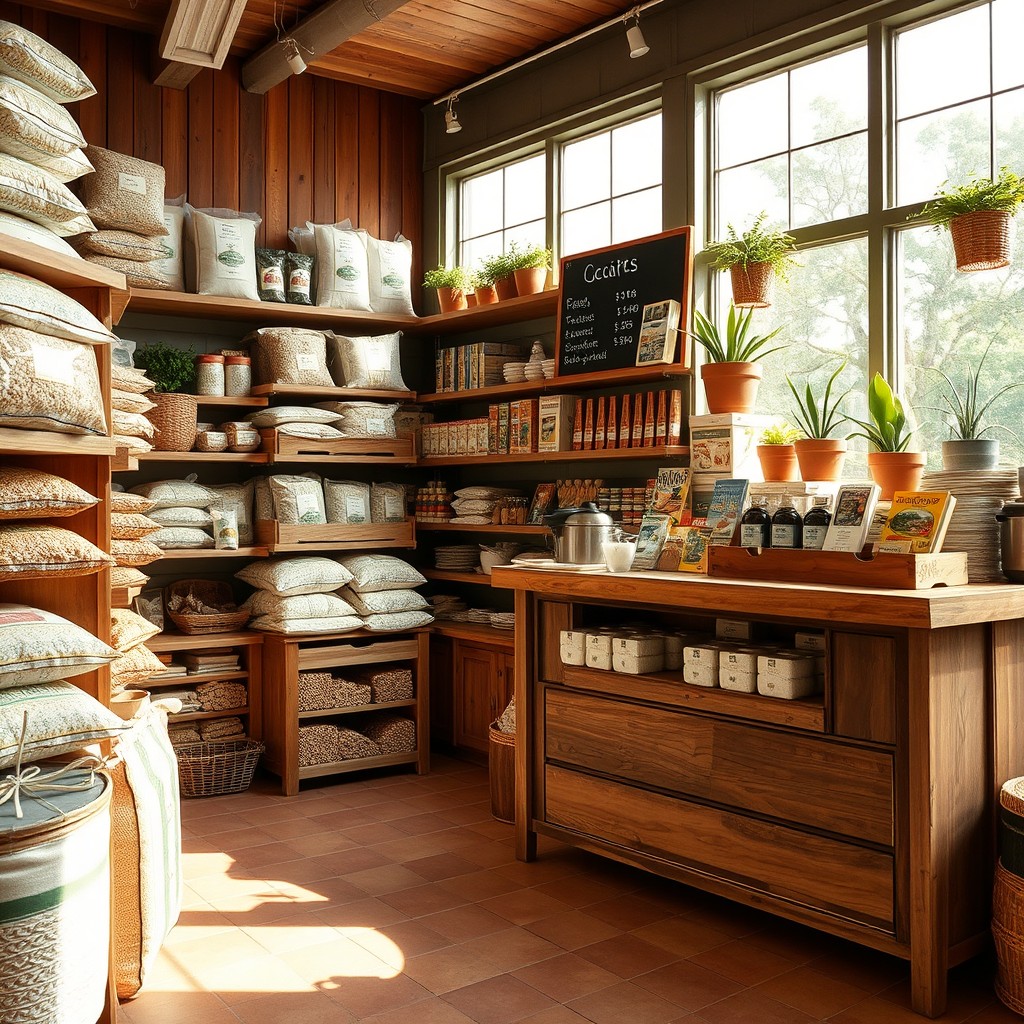 A cozy and well-organized small rice store interior layout, featuring wooden shelves stacked with various bags of rice, both traditional and specialty types